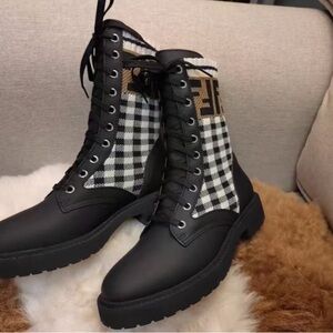 Fendi Black and White Checkered Combat Boots